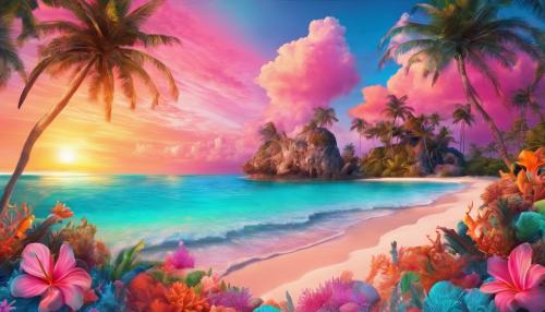 beautiful sunrise, vivid colors, pink and orange colors, turquoise ocean, an island in the back ground, colorful coral reef,  a beach with palm trees, flowers and shells all over the beach, paradise, tropical, surreal, fantasy