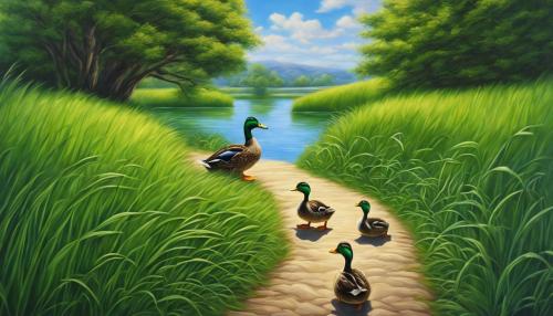 duck family, lake, tall green grass, pathway, blue sky, fantasy, hyper realistic 