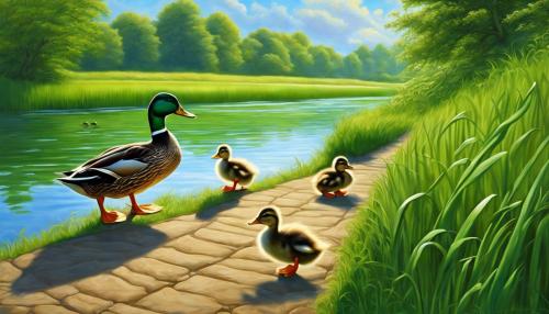 duck family, lake, tall green grass, pathway, blue sky, fantasy, hyper realistic 