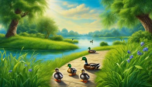 duck family, blue lake with ducks, tall green grass, pathway with ducks, blue sky, fantasy, hyper realistic 