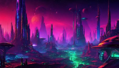 aliens, Martian, futuristic city, another world, night, neon colors, fantasy