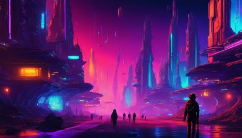 walking aliens, Martian, futuristic city, another world, night, neon colors, fantasy