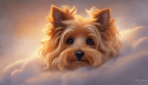 dog, orange blond, curly hair, small, terrier, brown eyes, fantasy