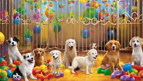 many dogs, indoor, bright, toys, gate, fantasy