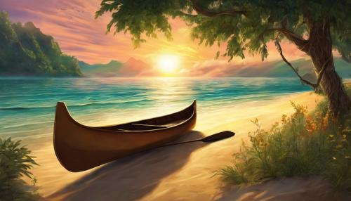 beach, canoe, water, plants, sun set, fantasy