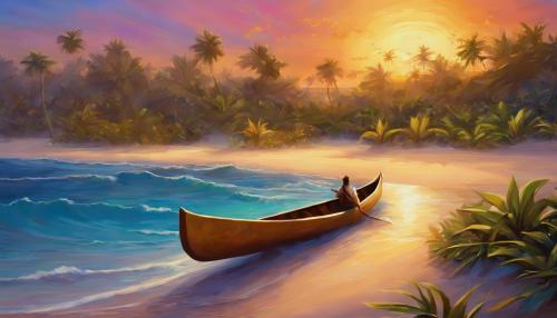 beach, canoe, plants, sunset, sand, water, painting fantasy