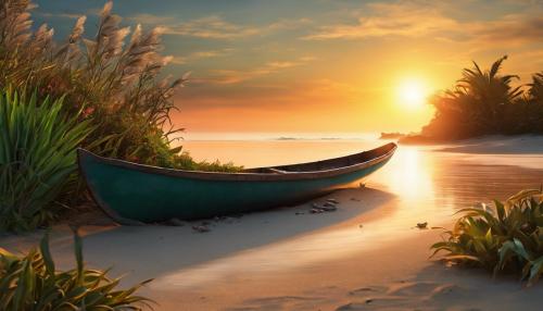 empty canoe, beach, plants, sun rise, fantasy