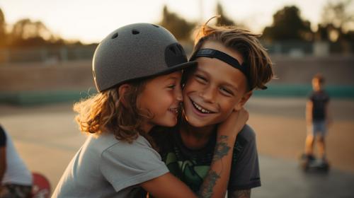 A candid shot of young best friends dirty, at the skatepark, natural afternoon light, Canon EOS R5, 100mm, F 1.2 aperture setting capturing a moment, cinematic