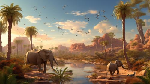 Elephants and zebras in the desert oasis