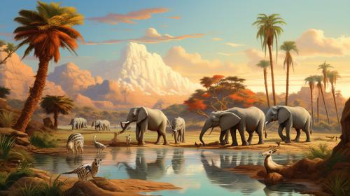 Elephants and zebras in the desert oasis