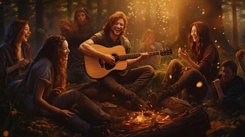 Young people having fun around a campfire. Drinking, playing guitar and laughing a lot. They are in a clearing in a wood, with tents around them.