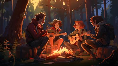 Young people having fun around a campfire. Drinking, playing guitar and laughing a lot. They are in a clearing in a wood, with tents around them.