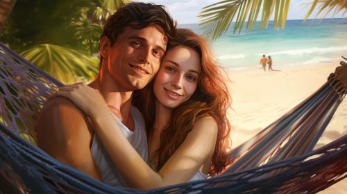 Amazing beach with a hammock on two palm trees. A cute guy and a beautiful girl in it. Photorealistic style.