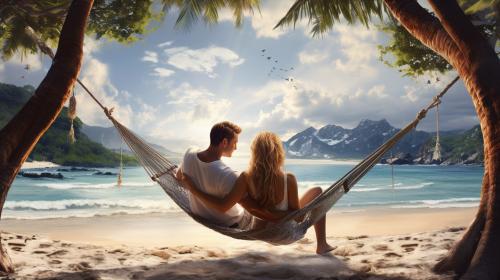 Amazing beach with a hammock on two palm trees. A cute guy and a beautiful girl in it. Photorealistic style.