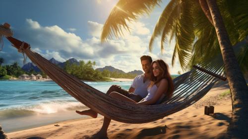 Amazing beach with a hammock on two palm trees. A cute guy and a beautiful girl in it. Photorealistic style.