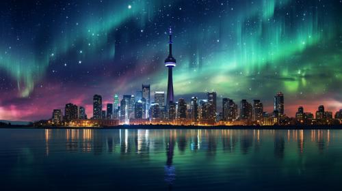 Aurora Borealis above a city with skyscrapers