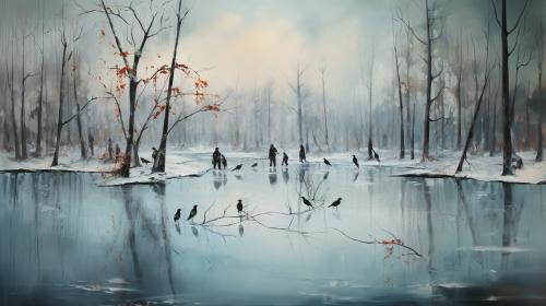 Icy pond with skaters