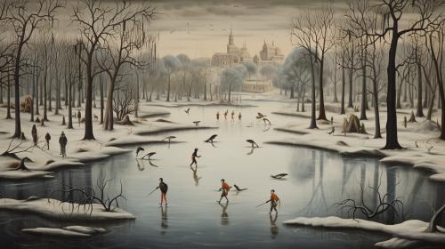 Icy pond with skaters