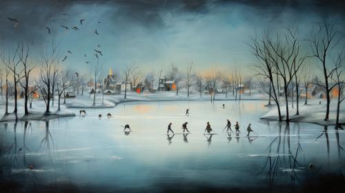 Icy pond with skaters