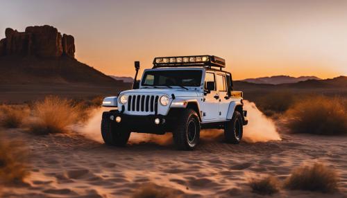 A Jeep Wranger 4 door, white in color in the desert at sunset