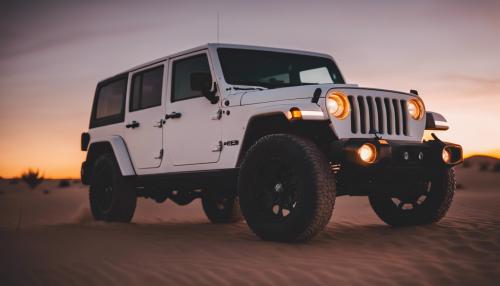 A Jeep Wranger 4 door, white in color in the desert at sunset