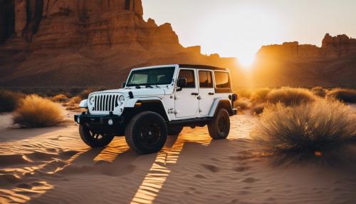 A Jeep Wranger 4 door, white in color in the desert at sunset