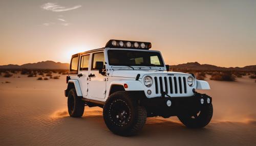 A Jeep Wranger 4 door, white in color in the desert at sunset