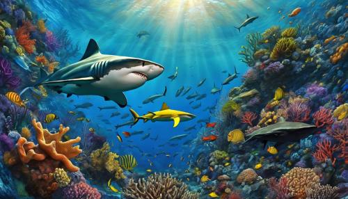 diver, realistic, colorful, ocean, sharks, octopus, fish, coral reef 