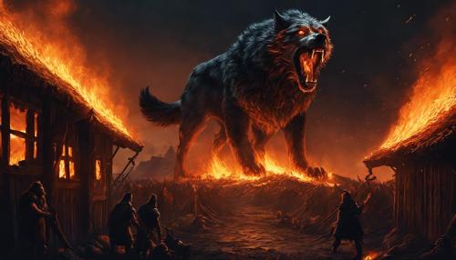 fenrir looking over a burning viking village on fire in chains dark theme hyper realistic