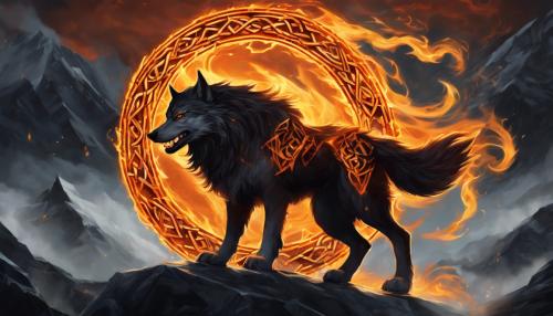 fenrir in a fiery veil of Nordic runes in chains 