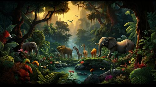 Amazing jungle with a lot of animals.