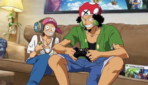 Usopp from the anime One Piece playing Xbox with Chopper from the anime One Piece. 