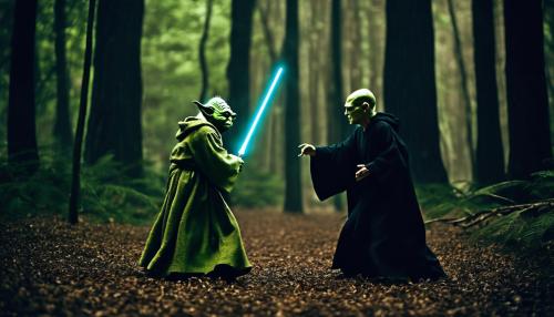 Yoda and voldemort dueling to the death in a dark forest