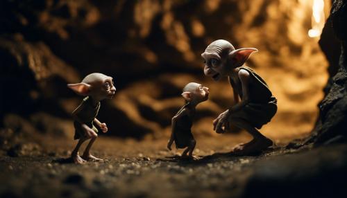 Dobby the elf fighting Gollum in a dark cave 