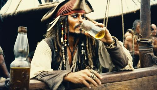 Captain jack sparrow drinking a bottle of rum on a pirate ship 