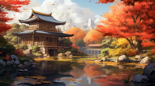 A digital painting of a serene Japanese garden in autumn, with a tea house, koi pond, and maple trees with falling leaves, with an anime-inspired art style reminiscent of Studio Ghibli films.