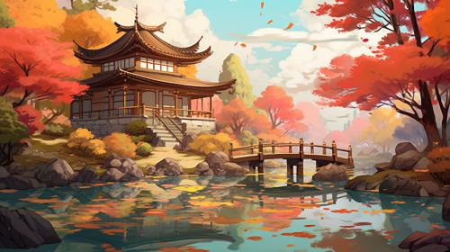 A digital painting of a serene Japanese garden in autumn, with a tea house, koi pond, and maple trees with falling leaves, with an anime-inspired art style reminiscent of Studio Ghibli films.