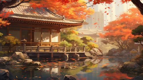 A digital painting of a serene Japanese garden in autumn, with a tea house, koi pond, and maple trees with falling leaves, with an anime-inspired art style reminiscent of Studio Ghibli films.