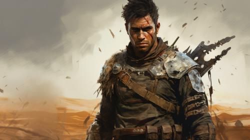 A portrait of a post-apocalyptic warrior with battle scars, armor, and weapons, standing in a desolate wasteland, in a detailed digital painting with gritty textures, inspired by the Mad Max franchise.