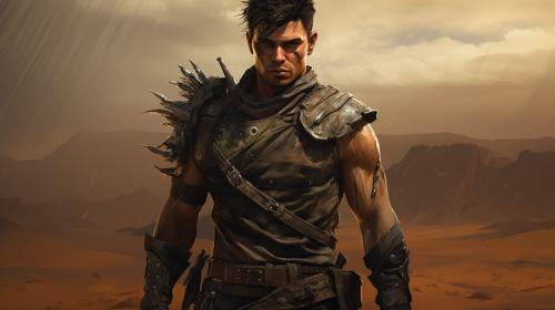 A portrait of a post-apocalyptic warrior with battle scars, armor, and weapons, standing in a desolate wasteland, in a detailed digital painting with gritty textures, inspired by the Mad Max franchise.