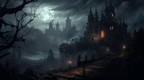 A haunting gothic horror scene of an abandoned mansion on a hill, with fog, full moon, and shadowy figures, in a digital painting style reminiscent of the Castlevania game series.