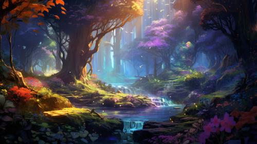 A vibrant and whimsical fantasy forest with magical creatures, glowing plants, and a flowing river, in a digital painting style inspired by video games like Ori and the Blind Forest.