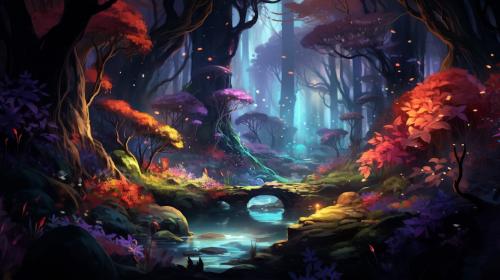 A vibrant and whimsical fantasy forest with magical creatures, glowing plants, and a flowing river, in a digital painting style inspired by video games like Ori and the Blind Forest.