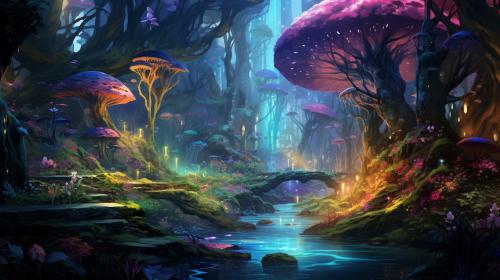 A vibrant and whimsical fantasy forest with magical creatures, glowing plants, and a flowing river, in a digital painting style inspired by video games like Ori and the Blind Forest.