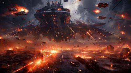 A digital painting of a space battle scene, with intricate spaceships, laser beams, and explosions, inspired by the epic scale and visual style of Star Wars.