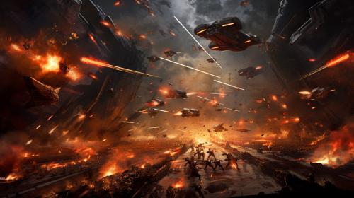 A digital painting of a space battle scene, with intricate spaceships, laser beams, and explosions, inspired by the epic scale and visual style of Star Wars.