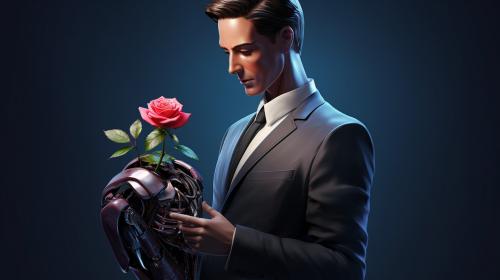 Portrait of a robot detective, holding a rose in his hand