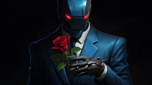 Portrait of a robot detective, holding a rose in his hand