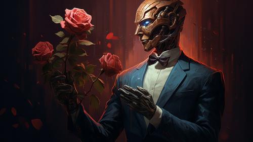 Portrait of a robot detective, holding a rose in his hand