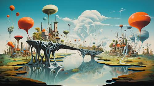 A surrealist painting that depicts a dreamlike scene with floating islands, bizarre creatures, and distorted perspectives, inspired by Salvador Dalí and Max Ernst, with intricate details and vibrant colors.